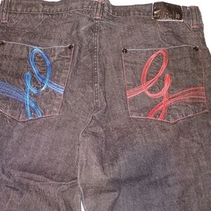 Men's Black Jeans with Red and Blue Stitching
